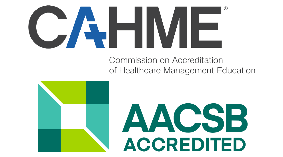 Commission on Accreditation of Healthcare Management Education (CAHME) and AACSB Accredited logos